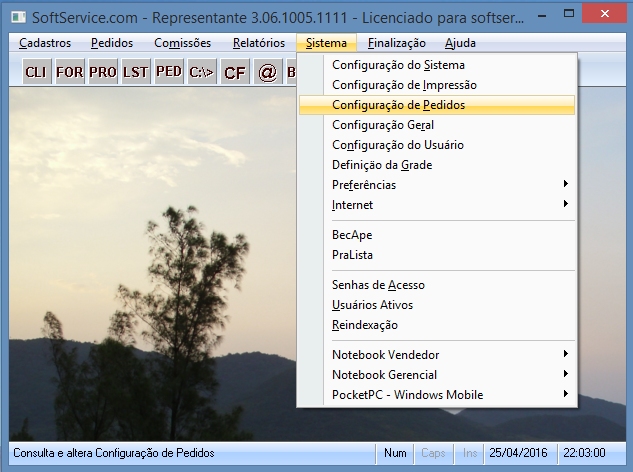 Menu das op&ccedil;&otilde;es de configura&ccedil;&atilde;o.